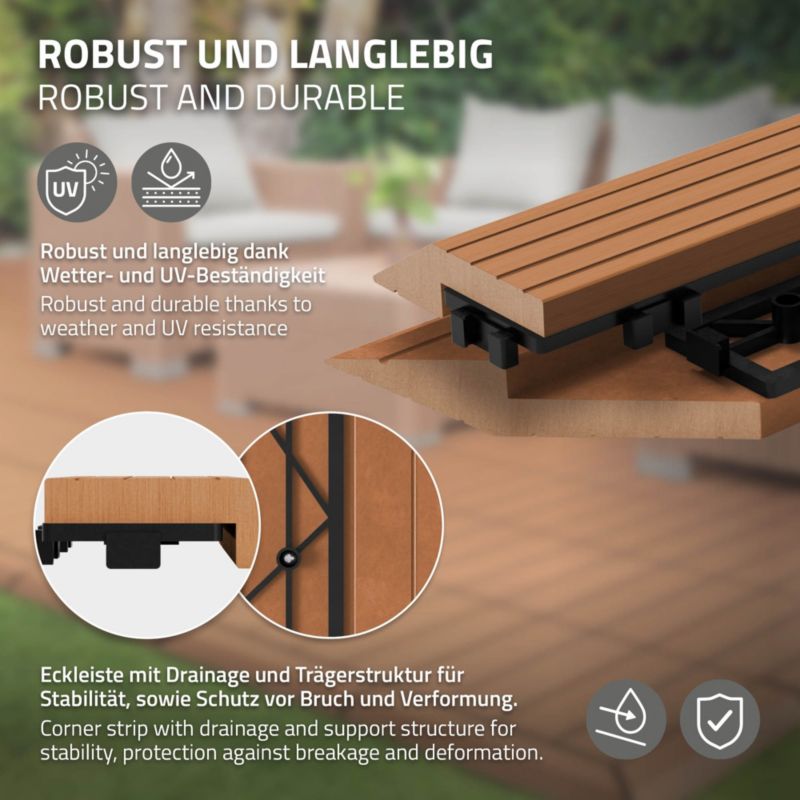 Listwa ECD Germany WPC 38x2x75 cm to jasnobrązowy narożnik lewy na taras o wyglądzie drewna posiadający drenaż i system klik 1 szt