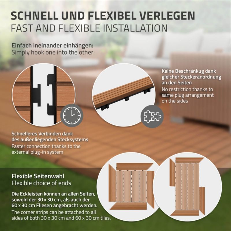 Listwa ECD Germany WPC 38x2x75 cm to jasnobrązowy narożnik lewy na taras o wyglądzie drewna posiadający drenaż i system klik 1 szt