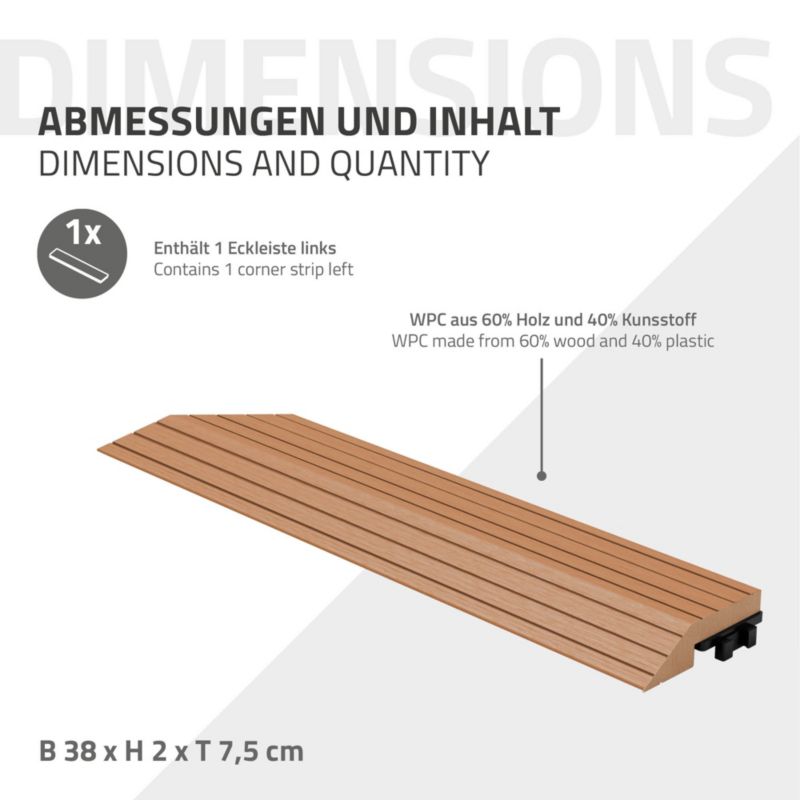 Listwa ECD Germany WPC 38x2x75 cm to jasnobrązowy narożnik lewy na taras o wyglądzie drewna posiadający drenaż i system klik 1 szt