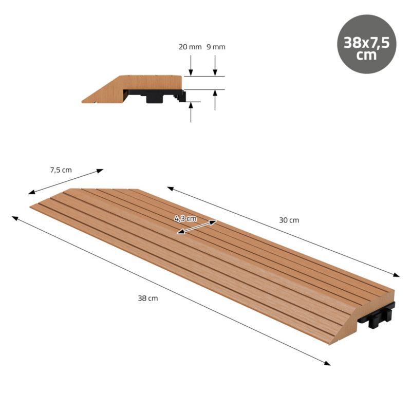 Listwa ECD Germany WPC 38x2x75 cm to jasnobrązowy narożnik lewy na taras o wyglądzie drewna posiadający drenaż i system klik 1 szt