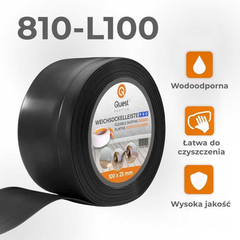Listwa przypodłogowa PCV 100x25mm QUEST, elastyczna, miękka listwa cokołowa - 10 m, czarny, 1 szt.