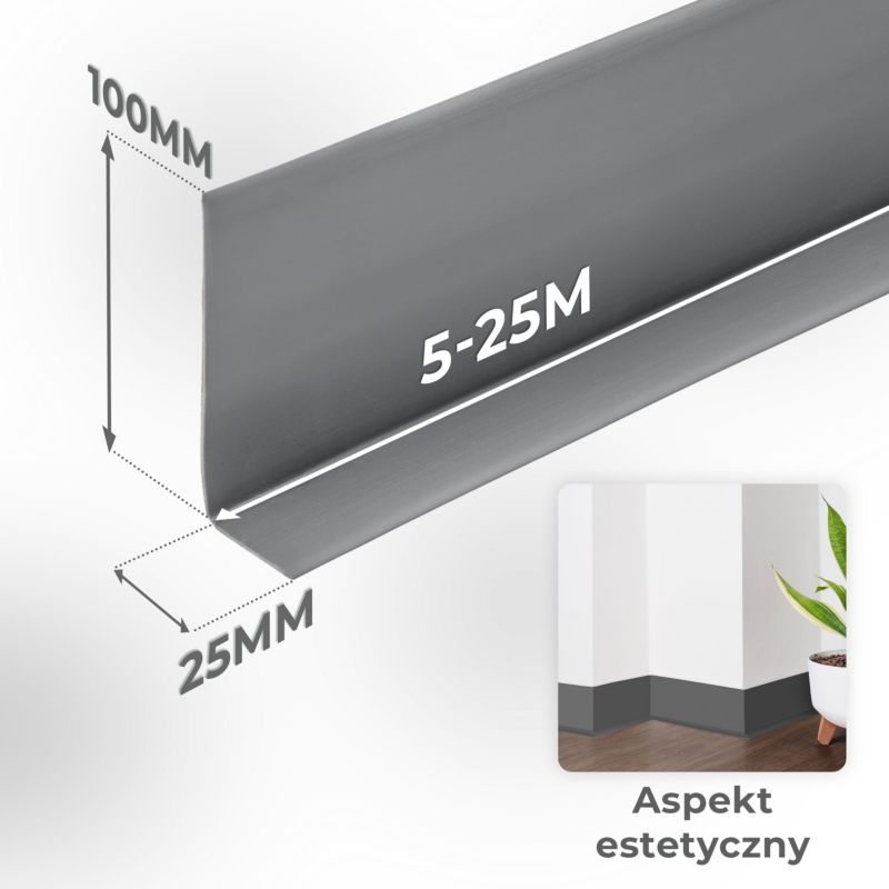 Listwa przypodłogowa PCV 100x25mm QUEST, elastyczna, miękka listwa cokołowa - 10 m, czarny, 1 szt.
