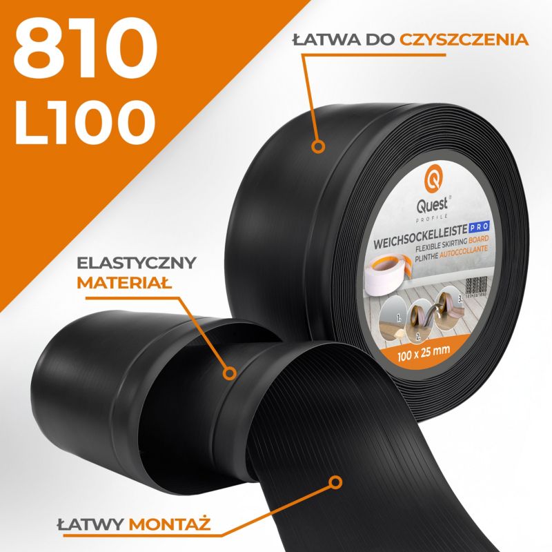 Listwa przypodłogowa PCV 100x25mm QUEST, elastyczna, miękka listwa cokołowa - 10 m, czarny, 1 szt.