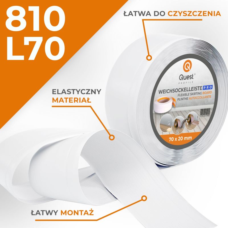 Listwa przypodłogowa PCV 70x20 mm QUEST, elastyczna, miękka listwa cokołowa - 25m, czarny, 1 szt.