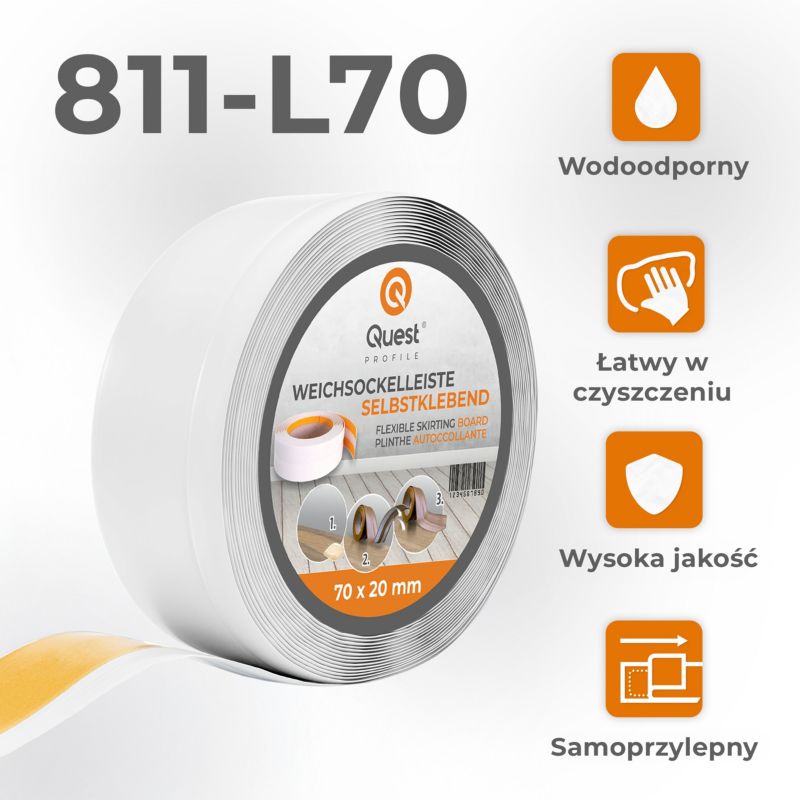 Listwa przypodłogowa PCV 70x20 mm QUEST, samoprzylepna elastyczna, miękka listwa cokołowa - 25 m, czarny, 1 szt.