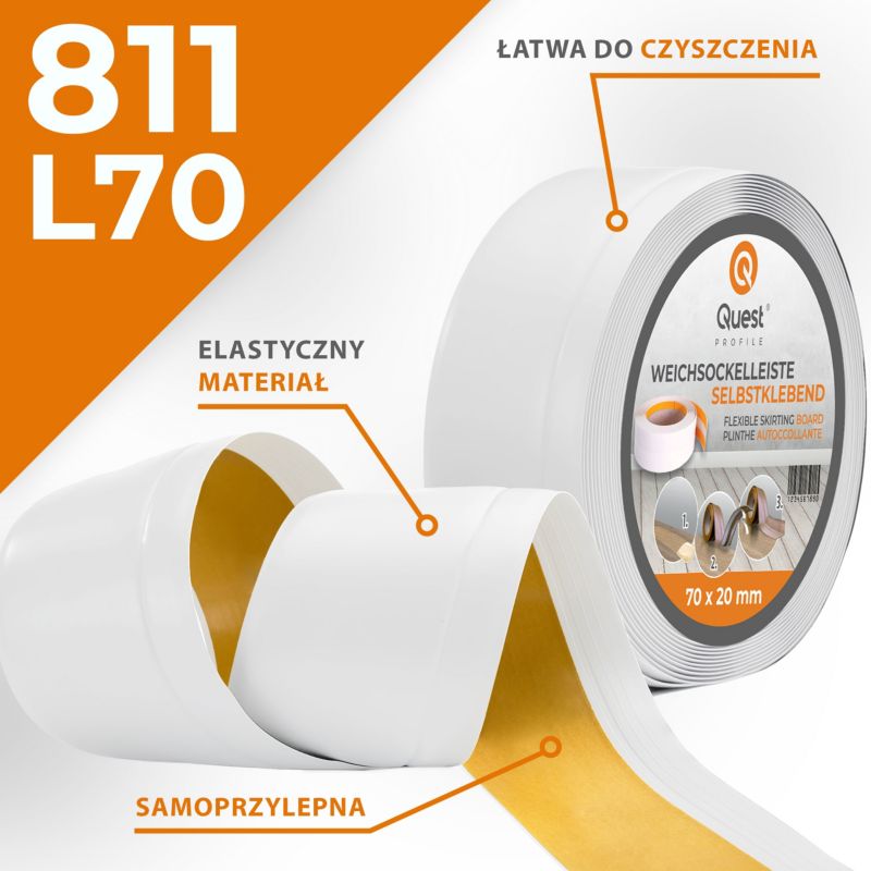 Listwa przypodłogowa PCV 70x20 mm QUEST, samoprzylepna elastyczna, miękka listwa cokołowa - 5 m, czarny, 1 szt.