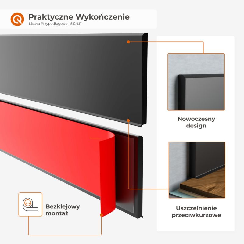 Listwa Przypodłogowa PVC PREMIUM 100 mm QUEST, Samoprzylepna Elastyczna Listwa Cokołowa FLEX, Czarny, 10 m