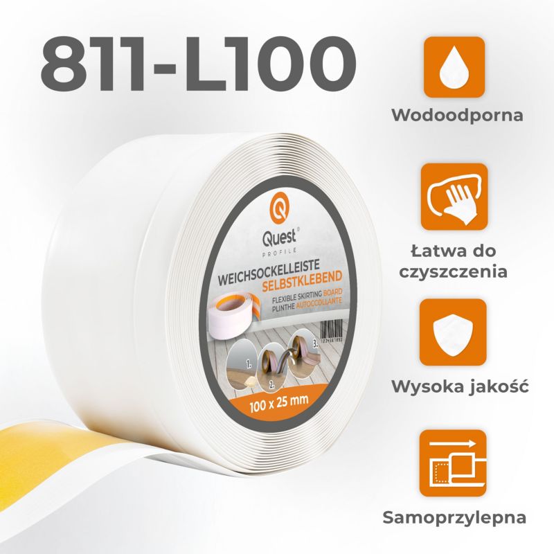 Listwa przypodłogowa samoprzylepna PCV 100x25mm QUEST, elastyczna, miękka listwa cokołowa - 10 m, czarny, 1 szt.