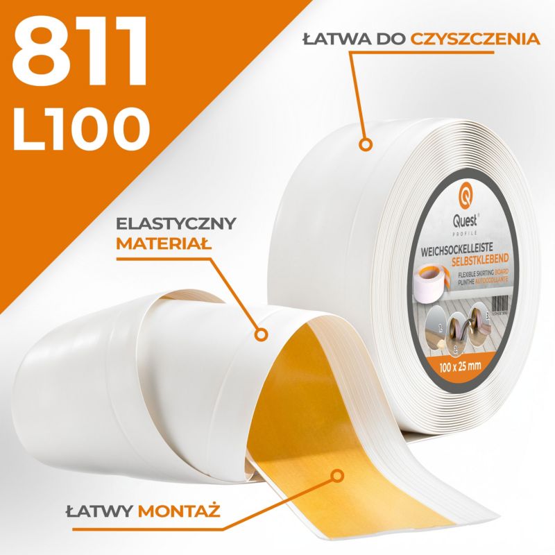 Listwa przypodłogowa samoprzylepna PCV 100x25mm QUEST, elastyczna, miękka listwa cokołowa - 10 m, czarny, 1 szt.