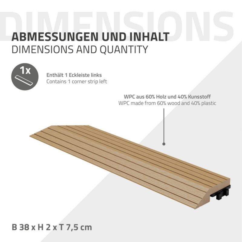 Listwa wykończeniowa ML-Design WPC 38 x 2 x 7,5 cm lewy Teak do płyt tarasowych struktura drewna ryflowany profil zestaw 1 szt