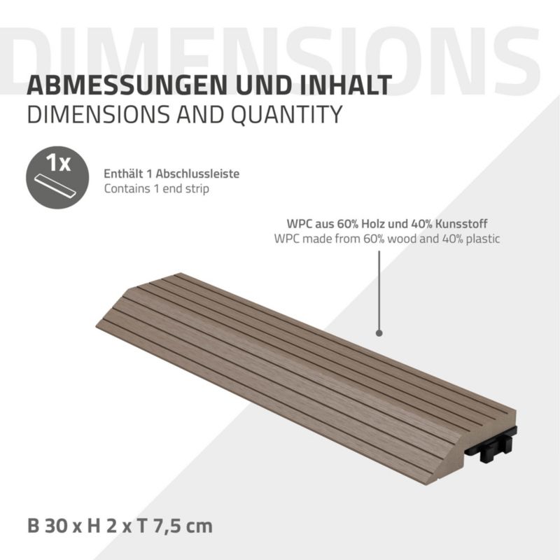 Listwa wykończeniowy ML-Design WPC 38 x 2 x 7,5 cm krawędź prosty ciemny brąz deska tarasowa ryflowany drenaż system klik 1 szt