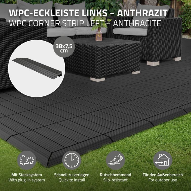 Listwa wykończeniowy ML-Design WPC 38 x 2 x 7,5 cm narożnik lewy antracyt płyta tarasowa wygląd drewna drenaż system klik 1 szt
