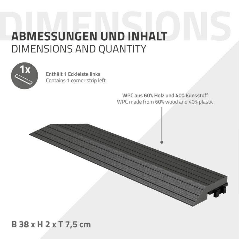 Listwa wykończeniowy ML-Design WPC 38 x 2 x 7,5 cm narożnik lewy antracyt płyta tarasowa wygląd drewna drenaż system klik 1 szt