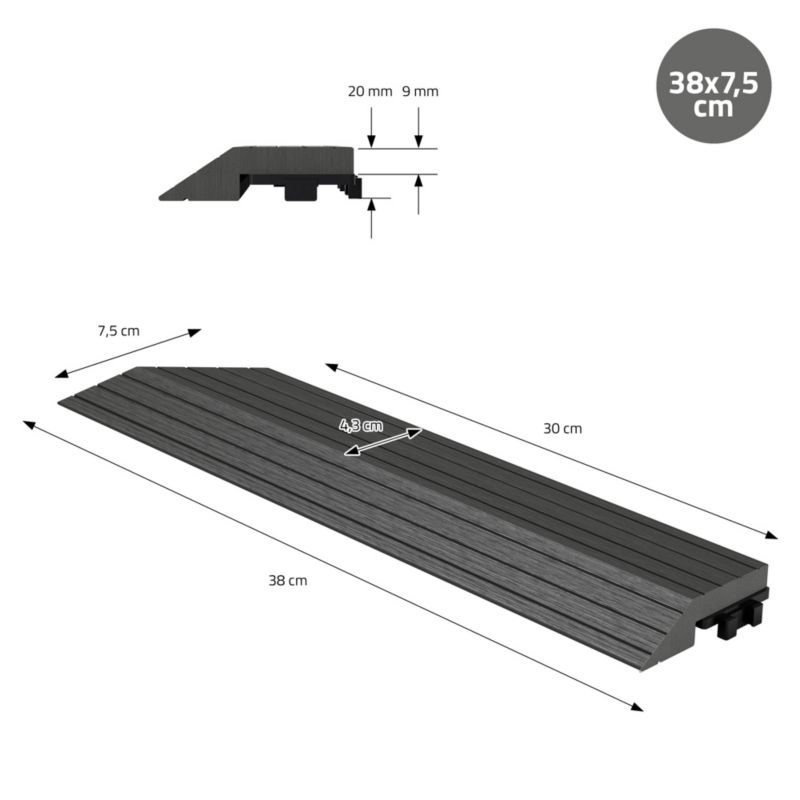 Listwa wykończeniowy ML-Design WPC 38 x 2 x 7,5 cm narożnik lewy antracyt płyta tarasowa wygląd drewna drenaż system klik 1 szt