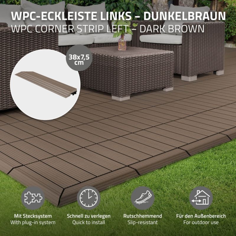 Listwa wykończeniowy ML-Design WPC 38 x 2 x 7,5 cm narożnik lewy ciemny brąz płyta tarasowa wygląd drewna drenaż system klik 1 szt