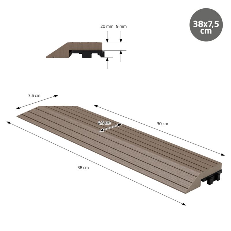 Listwa wykończeniowy ML-Design WPC 38 x 2 x 7,5 cm narożnik lewy ciemny brąz płyta tarasowa wygląd drewna drenaż system klik 1 szt