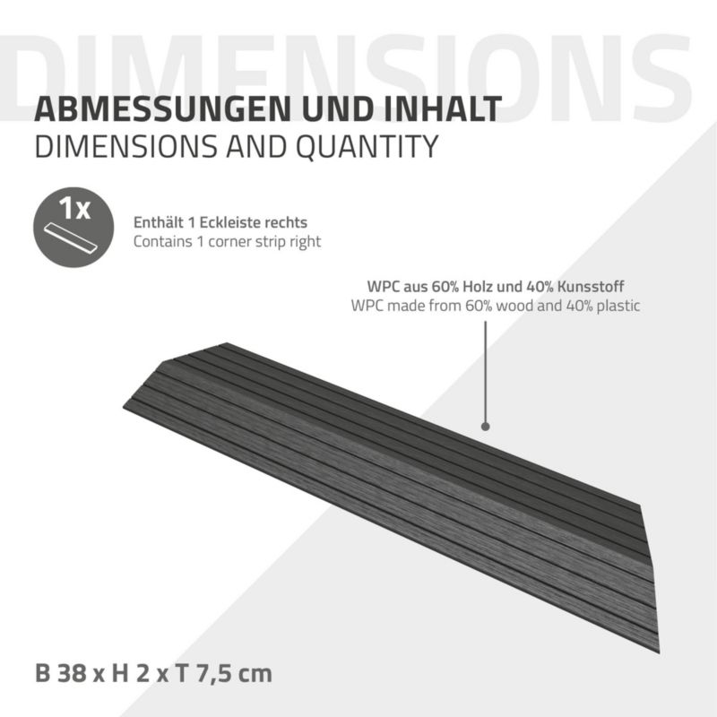 Listwa wykończeniowy ML-Design WPC 38 x 2 x 7,5 cm narożnik prawy antracyt płyta tarasowa wygląd drewna drenaż system klik 1 szt