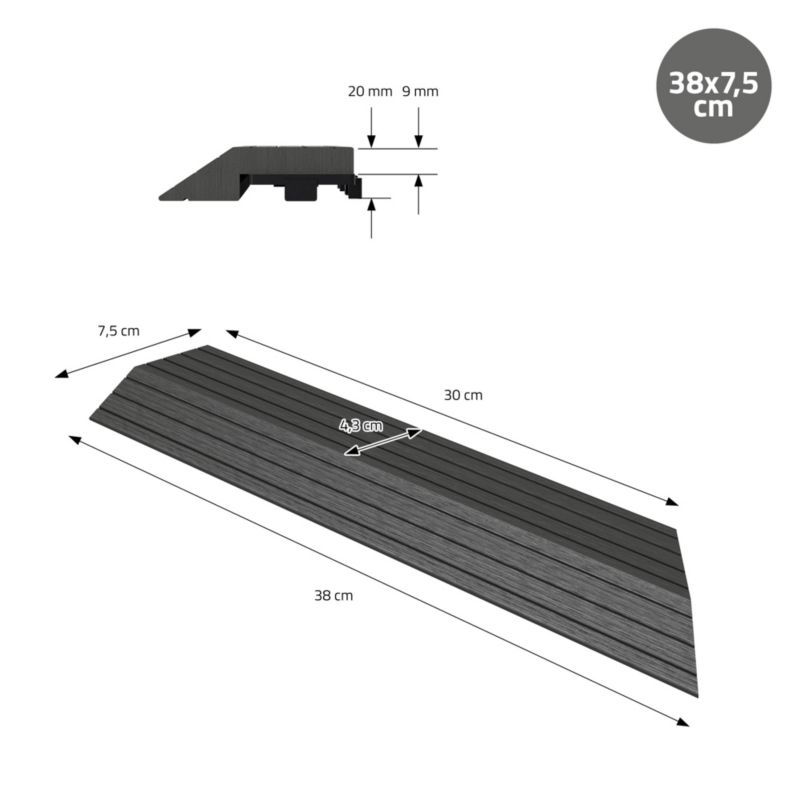 Listwa wykończeniowy ML-Design WPC 38 x 2 x 7,5 cm narożnik prawy antracyt płyta tarasowa wygląd drewna drenaż system klik 1 szt