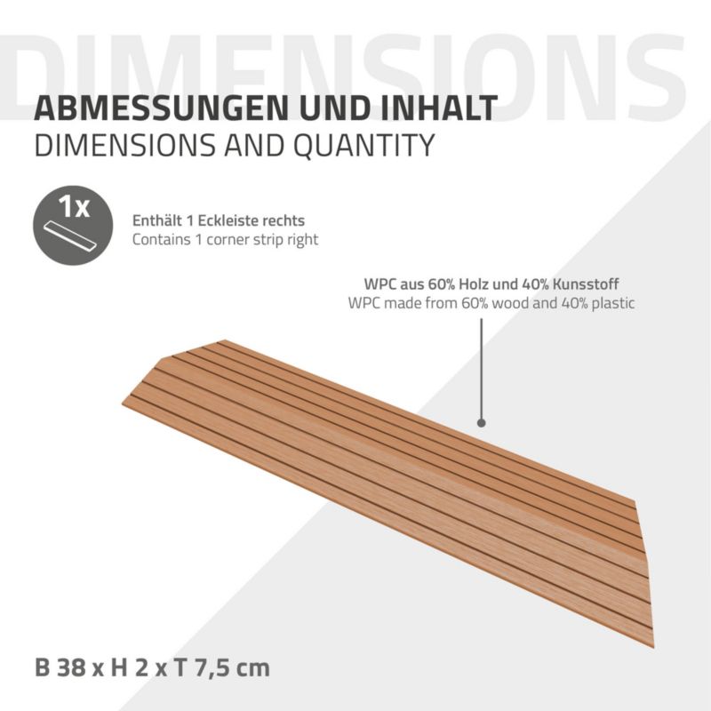 Listwa wykończeniowy ML-Design WPC 38 x 2 x 7,5 cm narożnik prawy jasny brąz płyta tarasowa wygląd drewna drenaż system klik 1 szt