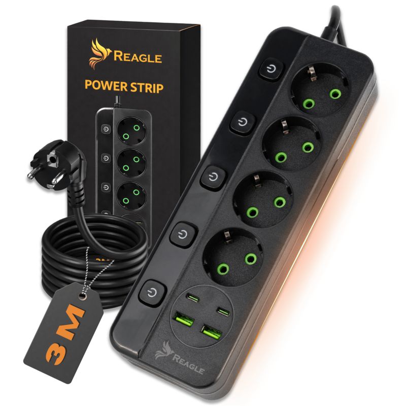 Listwa zasilająca Reagle RSTRIP41 antyprzepięciowa 4 gniazda 2x USB 2x USB-C 3M czarna 1 szt.