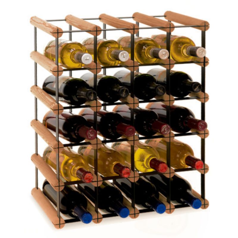 Loftowy stojak na wino MODO24 na butelki PET ekologiczny trwały na 20 butelek czarny metal drewno brązowe 1 szt.