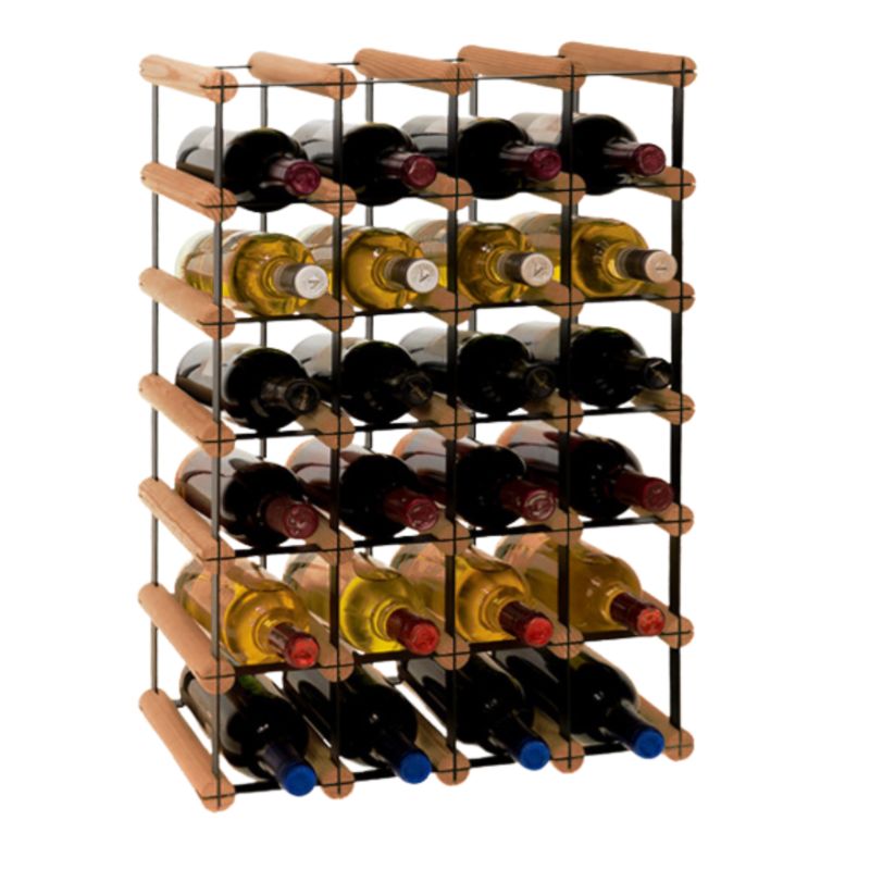 Loftowy stojak na wino MODO24 na butelki PET ekologiczny trwały na 24 butelki czarny metal drewno brązowe 1 szt.