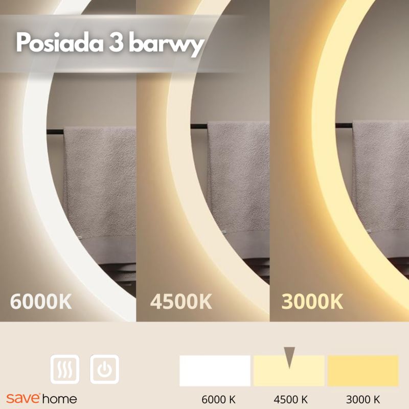 Lustro Łazienkowe LED 80 cm Okrągłe Podświetlane Dotykowe Bez Pary (Anty-Para) 3 Barwy Światła 1 szt