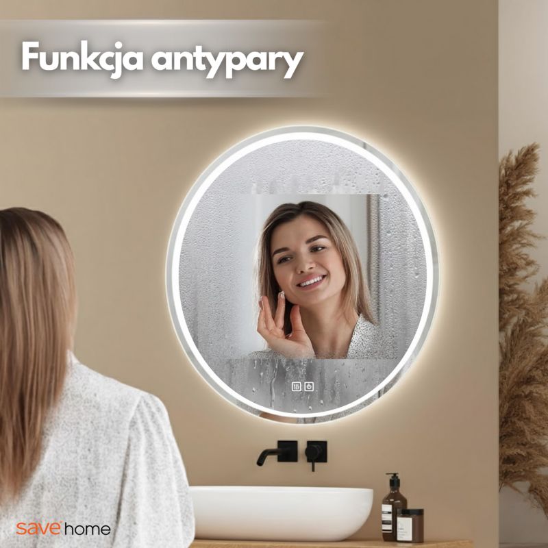 Lustro Łazienkowe LED 80 cm Okrągłe Podświetlane Dotykowe Bez Pary (Anty-Para) 3 Barwy Światła 1 szt