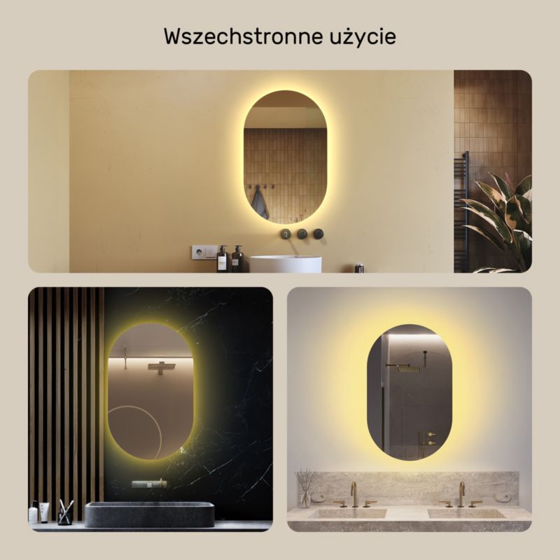 Lustro Łazienkowe Podświetlane LED Artforma 50x80 owalne z barwą ciepłą 1 szt.