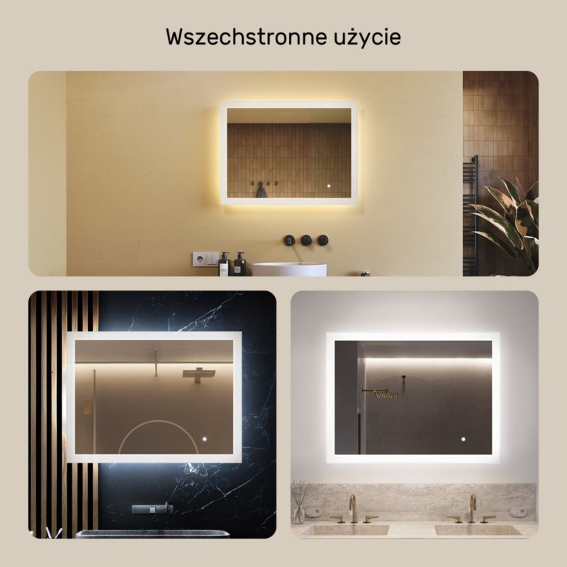 Lustro łazienkowe z dual LED Artforma, 80x60cm, dotykowy włącznik 1 szt.