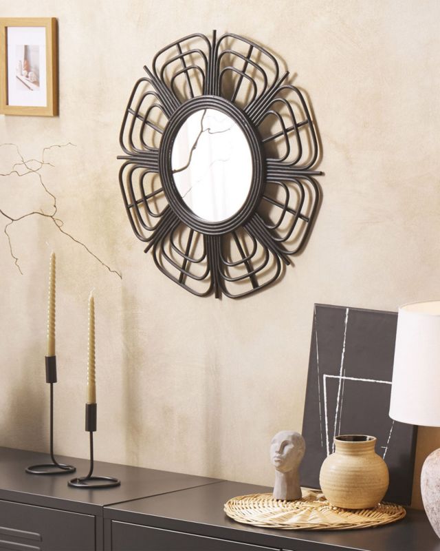 Lustro ścienne Pasaku 60 cm 60 cm Rattan Czarny 1 szt.
