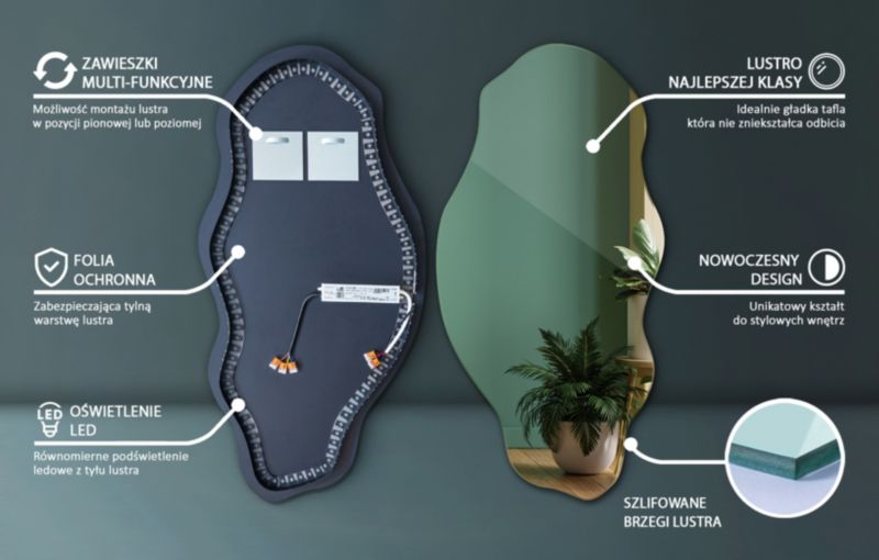 Lustro LED Tulup 50x100 cm faliste dekoracyjne zimne światło 1 szt.