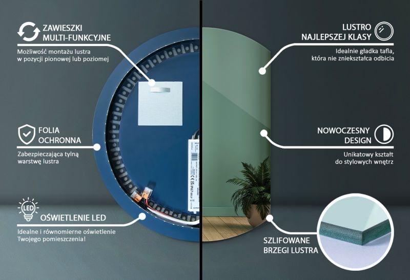 Lustro Tulup Okrągłe Ścięte LED 84x100 cm Neutralne Do Salonu 1 szt.