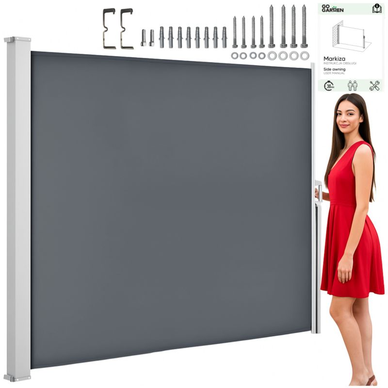 GoGarden Stahovací boční markýza s funkcí Roll Back Šedá 350x180 Cm - 1 ks.