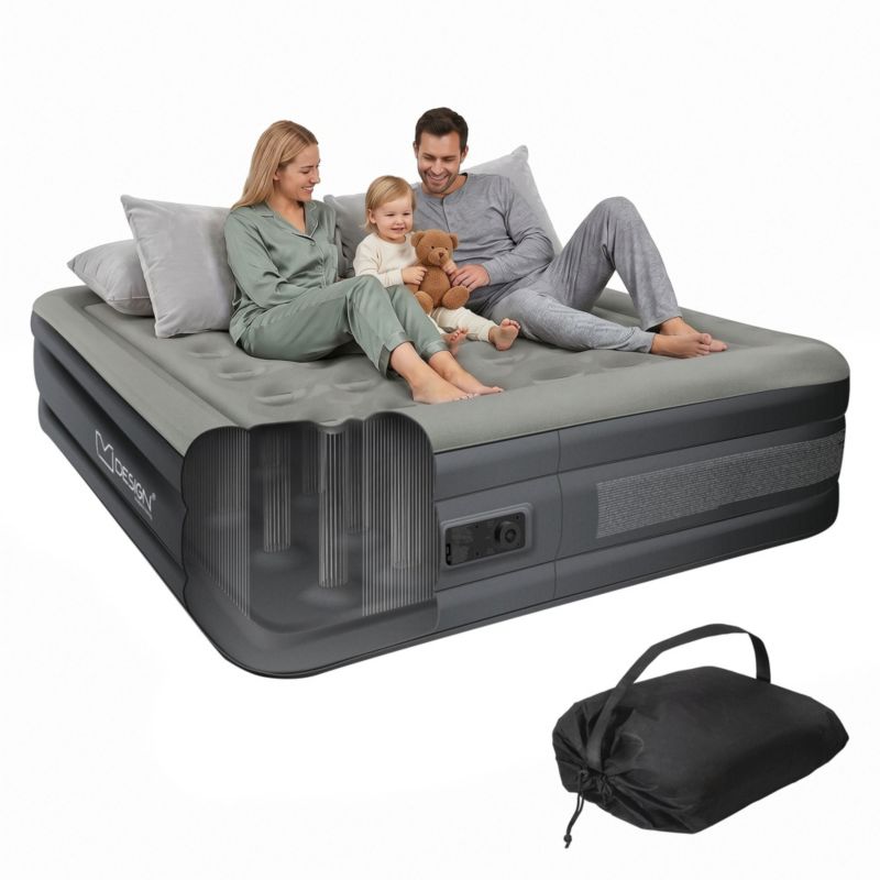 Materac dmuchany ML-Design 203x157x47 cm łóżko dwuosobowe samopompujące z pompką 230V welurowe kempingowe dla gości domowe 1 szt