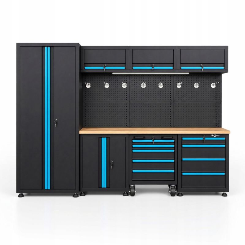 Meble warsztatowe HEXWELT HW-MW-158 260 cm 8 modułów blat drewniany, LED szafka narzędziowa 1szt.