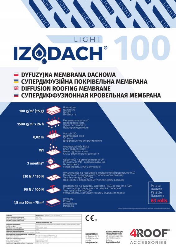 Membrana dachowa 4ROOF IZODACH LIGHT 100 gr/m²  75m2 super jakość cena 1 rolka