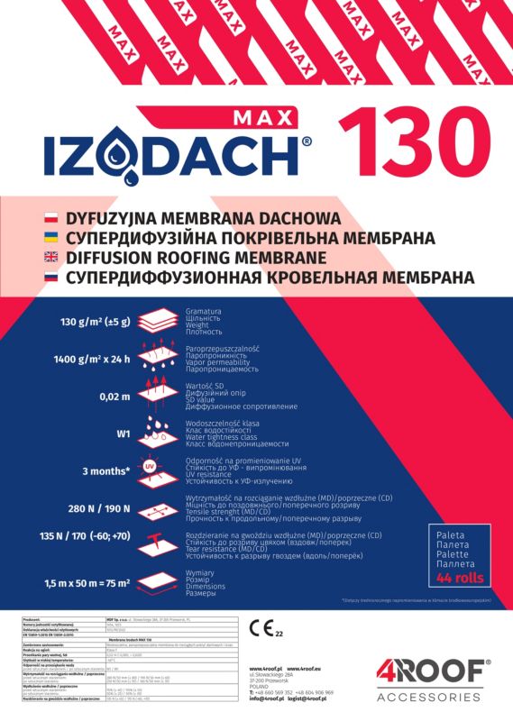 Membrana dachowa 4ROOF IZODACH MAX 130 gr/m²  75m2 super jakość i cena 1 rolka