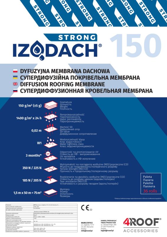 Membrana dachowa 4ROOF IZODACH STRONG 150 gr/m² 75m2 super jakość i cena 1 rolka
