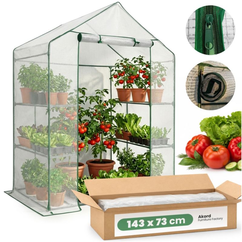 Mini szklarnia ogrodowa foliowa domek z półkami AKORD 1 drzwi Biała 143x73x195 cm 1 szt.