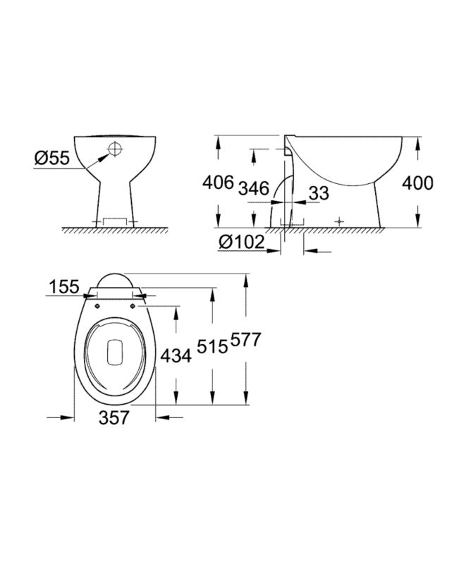 Grohe Bau Keramická toaletní mísa stojací, bez okraje, bílá, svislý odtok, 1 ks.