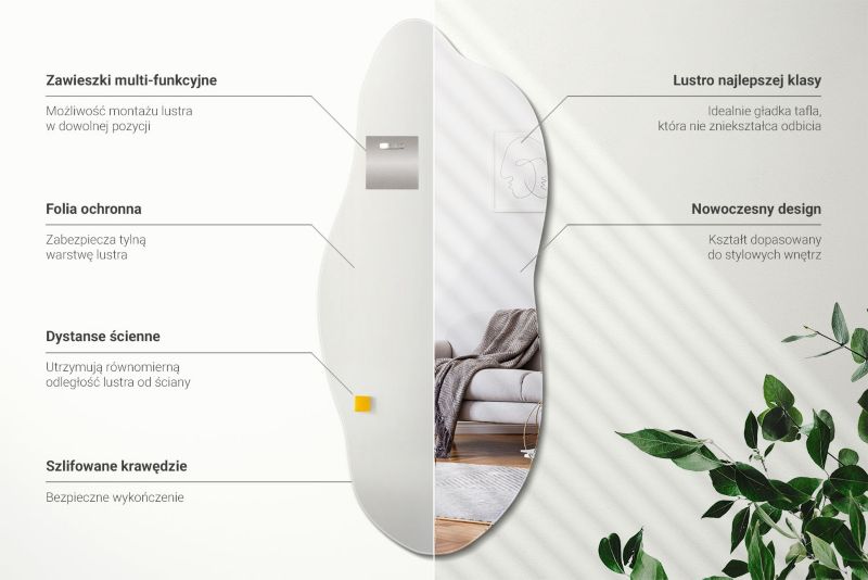Modne Dekoracyjne Lustro Wallfluent 40 x 90 cm o Nieregularnym Kształcie 1 szt.
