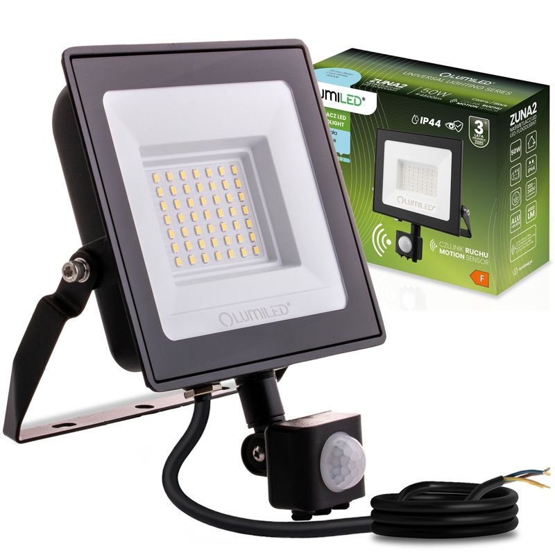 Naświetlacz LED Lumiled 50W 4500lm 6500K IP44 Czarny z Czujnikiem Ruchu  1 szt.