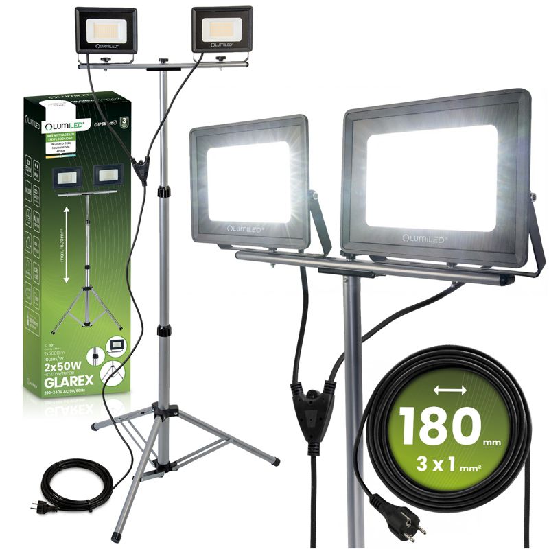 Naświetlacz LED Lumiled Halogen Lampa 2 x 50W na Statywie 4000K 1 szt.
