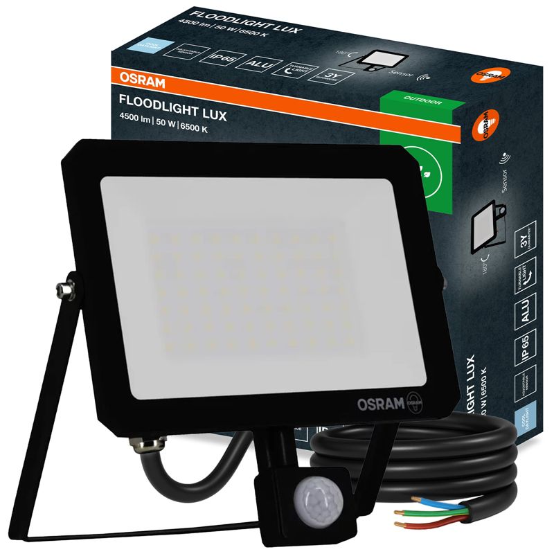 Naświetlacz LED OSRAM 50W 6500K 4500lm IP65 Halogen Zewnętrzny Reflektor z Czujnikiem Ruchu i Zmierzchu 1 szt.