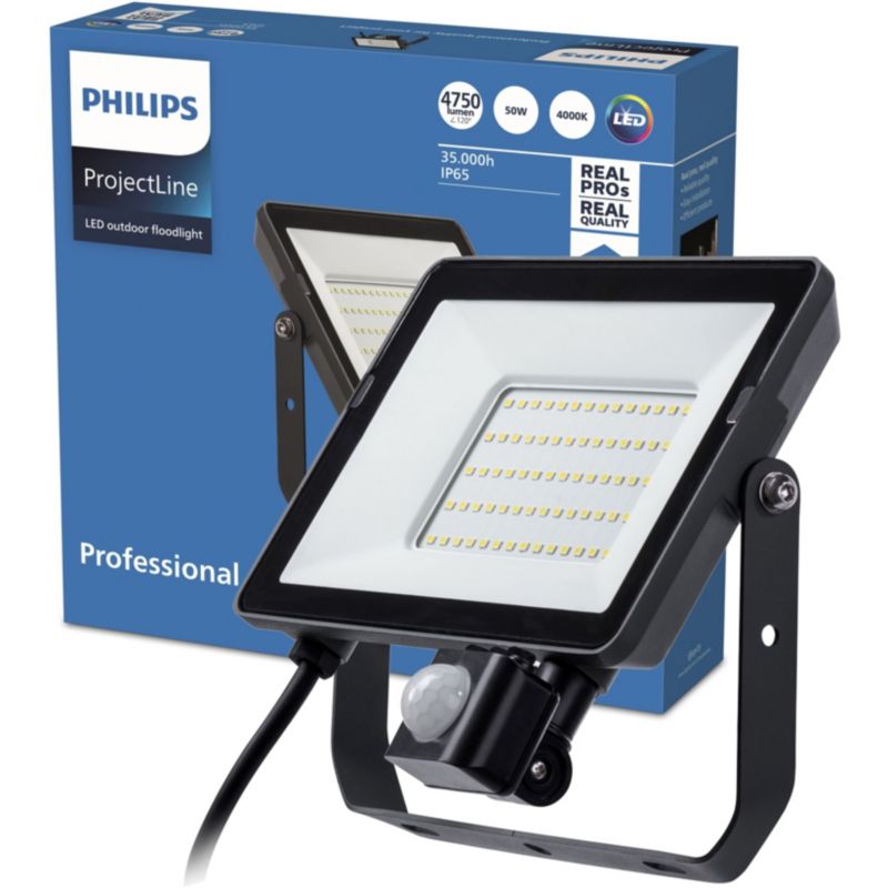 Naświetlacz ProjectLine LED Philips Lampa Reflektor 50W 4750lm 4000K IP65 z Czujnikiem Ruchu i Zmierzchu Czarny 1 szt.