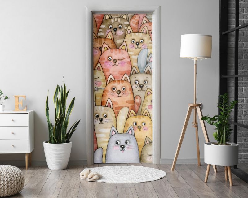 Naklejka na drzwi Wallfluent 85x205 cm Tłum kotów 1 szt.