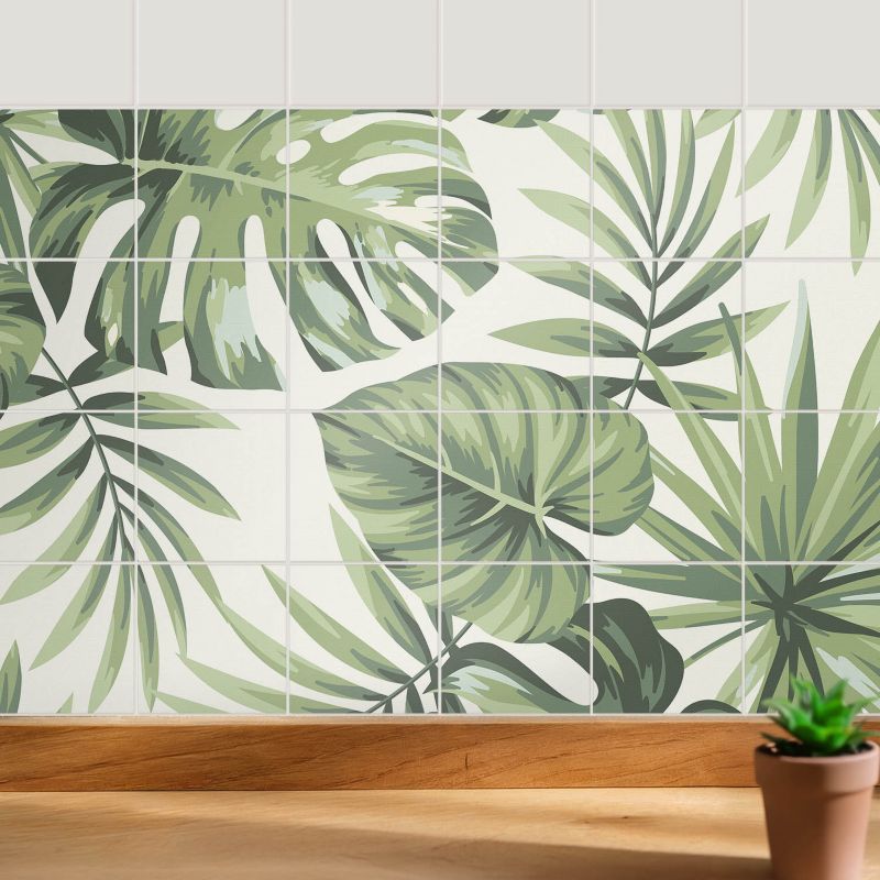 Naklejki na ścianę do kuchni Wallfluent 10x10 cm Liście tropikalne w aranżacji odświeżenie kafelek 24 szt.