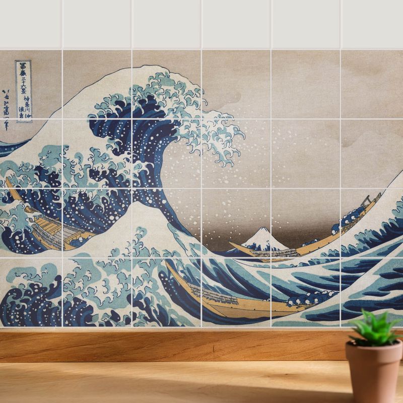 Naklejki na ścianę do kuchni Wallfluent 10x10 cm Wielka fala w Kanagawie odświeżenie kafelek 24 szt.