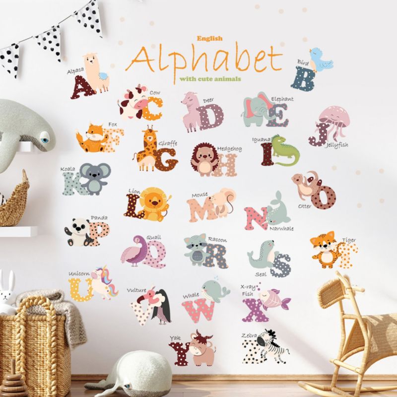 Naklejki na ścianę do pokoju dziecięcego SIPO, alfabet zwierzątka, 1 kpl